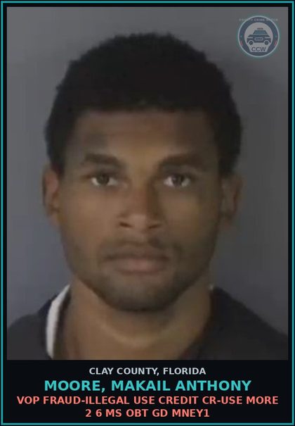 CCW arrest card for MOORE, MAKAIL ANTHONY in Clay County: PETIT THEFT MERCH/FARM/TRANSIT $100-$750