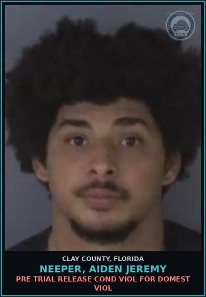 CCW arrest card for NEEPER, AIDEN JEREMY in Clay County: PRE TRIAL RELEASE COND VIOL FOR DOMEST VIOL