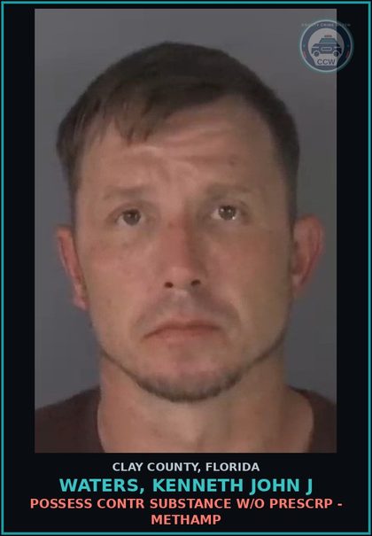 CCW arrest card for WATERS, KENNETH JOHN J in Clay County: POSSESS contr substance W/O PRESCRIPTION - METH