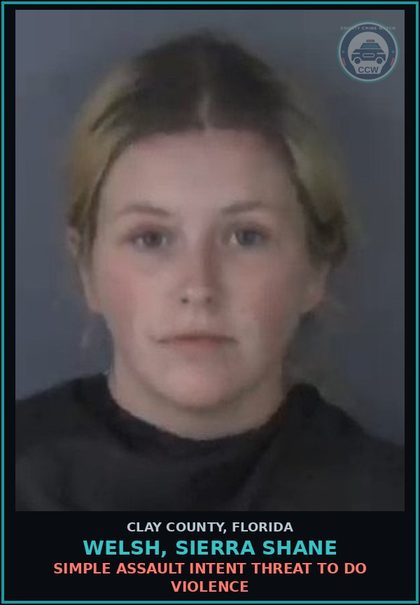 CCW arrest card for WELSH, SIERRA SHANE in Clay County: SIMPLE ASSAULT INTENT THREAT TO DO VIOLENCE