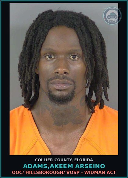 CCW arrest card for ADAMS,AKEEM ARSEINO in Collier County: OOC/ HILLSBOROUGH/ VOSP - WIDMAN ACT