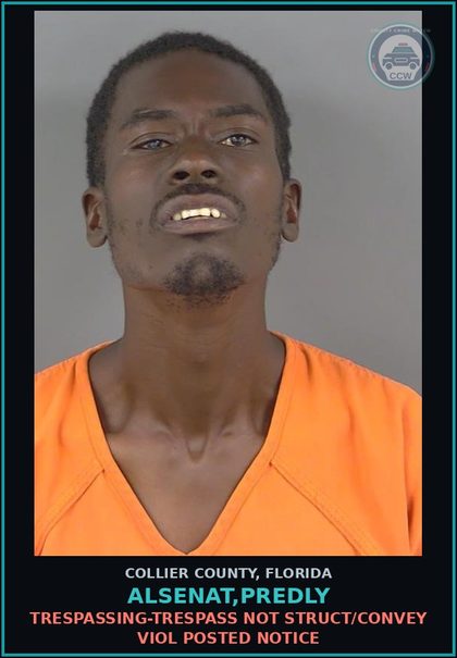 CCW arrest card for ALSENAT,PREDLY in Collier County: TRESPASSING-TRESPASS NOT STRUCT/CONVEY VIOL POSTED NOTICE