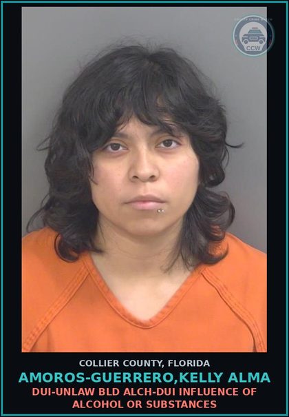 CCW arrest card for AMOROS-GUERRERO,KELLY ALMA in Collier County: DUI-UNLAW BLD ALCH-DUI INFLUENCE OF ALCOHOL OR DRUGS