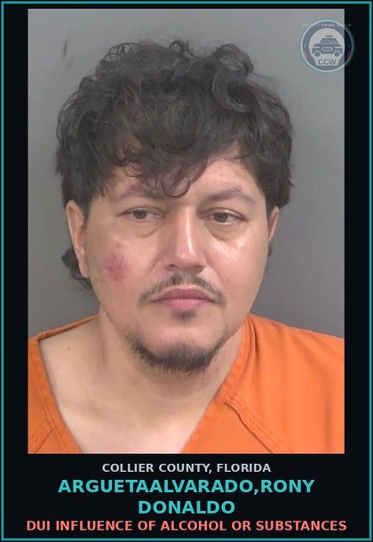 CCW arrest card for ARGUETAALVARADO,RONY DONALDO in Collier County: DUI INFLUENCE OF ALCOHOL OR DRUGS
