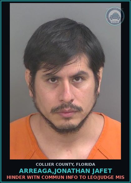 CCW arrest card for ARREAGA,JONATHAN JAFET in Collier County: HINDER WITN COMMUN INFO TO LEO/JUDGE MIS