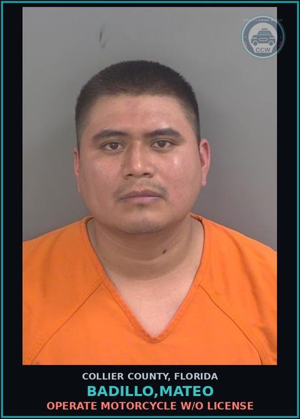CCW arrest card for BADILLO,MATEO in Collier County: OPERATE MOTORCYCLE W/O LICENSE