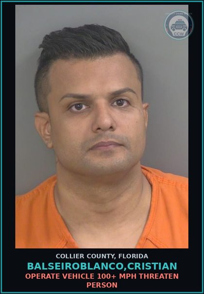 CCW arrest card for BALSEIROBLANCO,CRISTIAN in Collier County: OPERATE VEHICLE 100+ MPH THREATEN PERSON