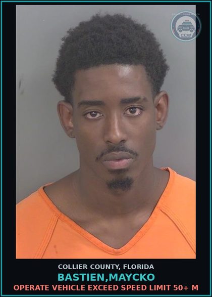 CCW arrest card for BASTIEN,MAYCKO in Collier County: OPERATE VEHICLE EXCEED SPEED LIMIT 50+ M