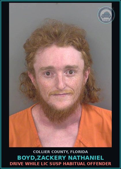 CCW arrest card for BOYD,ZACKERY NATHANIEL in Collier County: DRIVE WHILE LIC SUSP HABITUAL OFFENDER