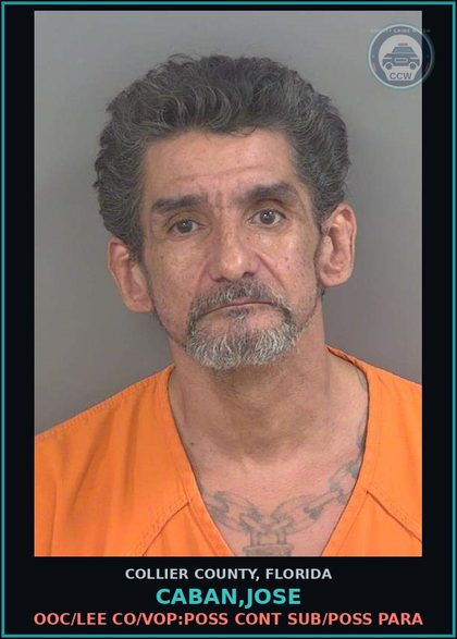 CCW arrest card for CABAN,JOSE in Collier County: OOC/LEE CO/VOP:POSS CONT SUB/POSS PARA
