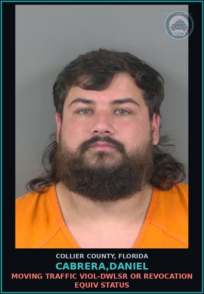 CCW arrest card for CABRERA,DANIEL in Collier County: MOVING TRAFFIC VIOL-DWLSR OR REVOCATION EQUIV STATUS