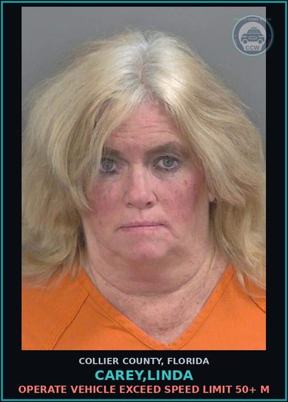 CCW arrest card for CAREY,LINDA in Collier County: OPERATE VEHICLE EXCEED SPEED LIMIT 50+ M