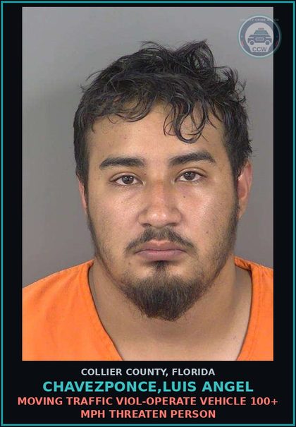CCW arrest card for CHAVEZPONCE,LUIS ANGEL in Collier County: MOVING TRAFFIC VIOL-OPERATE VEHICLE 100+ MPH THREATEN PERSON