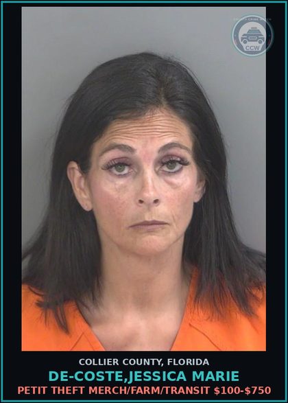 CCW arrest card for DE-COSTE,JESSICA MARIE in Collier County: PETIT THEFT MERCH/FARM/TRANSIT $100-$750