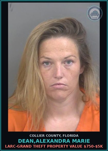 CCW arrest card for DEAN,ALEXANDRA MARIE in Collier County: LARC-GRAND THEFT PROPERTY VALUE $750-$5K