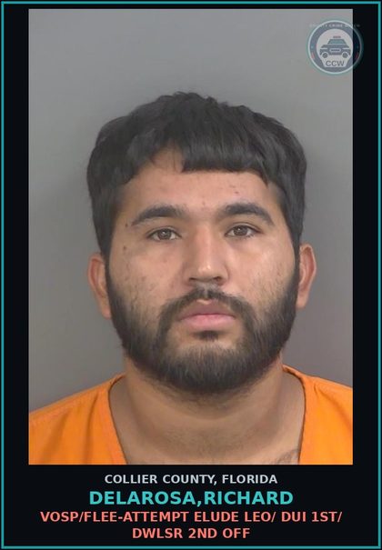CCW arrest card for DELAROSA,RICHARD in Collier County: VOSP/FLEE-ATTEMPT ELUDE LEO/ DUI 1ST/ DWLSR 2ND OFF