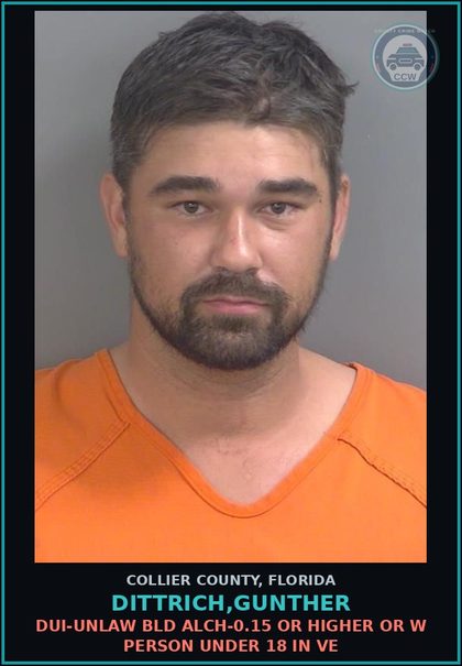 CCW arrest card for DITTRICH,GUNTHER in Collier County: DUI-UNLAW BLD ALCH-0.15 OR HIGHER OR W PERSON UNDER 18 IN VE