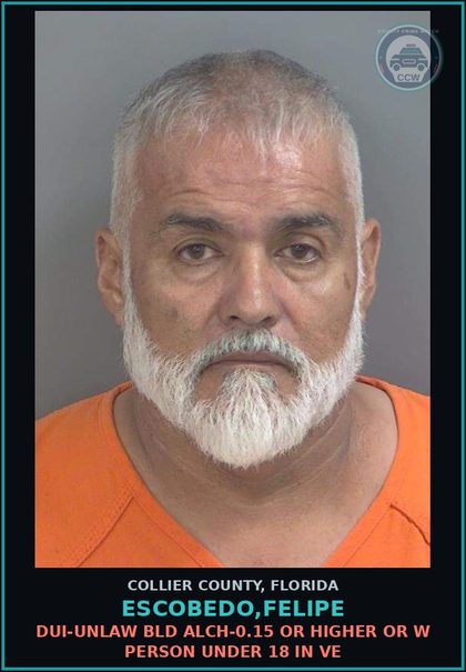CCW arrest card for ESCOBEDO,FELIPE in Collier County: DUI-UNLAW BLD ALCH-0.15 OR HIGHER OR W PERSON UNDER 18 IN VE