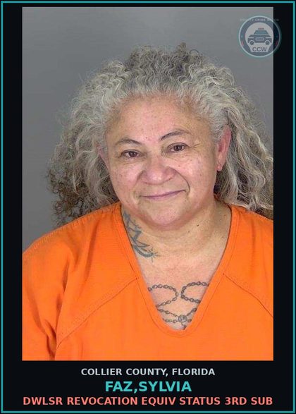 CCW arrest card for FAZ,SYLVIA in Collier County: DWLSR REVOCATION EQUIV STATUS 3RD SUB