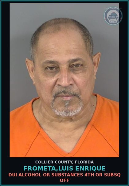 CCW arrest card for FROMETA,LUIS ENRIQUE in Collier County: DWLSR REVOCATION EQUIV STATUS 3RD SUB VI