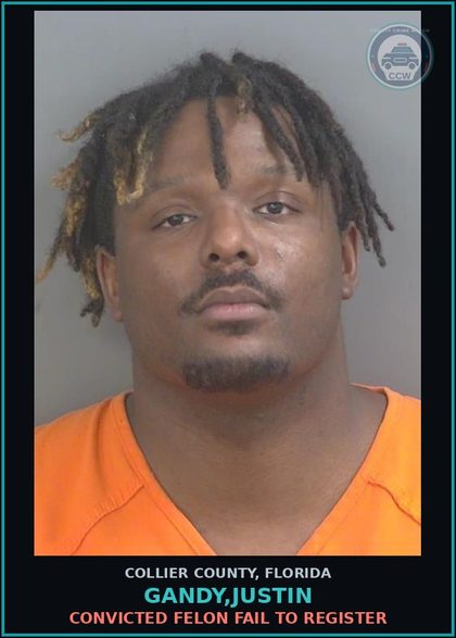 CCW arrest card for GANDY,JUSTIN in Collier County: CONVICTED FELON FAIL TO REGISTER