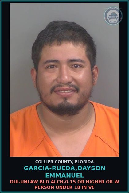CCW arrest card for GARCIA-RUEDA,DAYSON EMMANUEL in Collier County: DUI-UNLAW BLD ALCH-0.15 OR HIGHER OR W PERSON UNDER 18 IN VE
