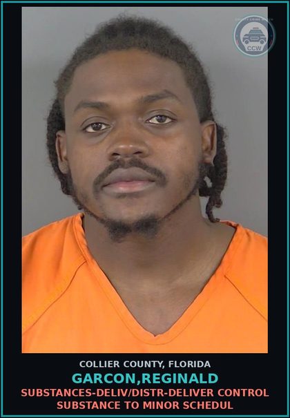 CCW arrest card for GARCON,REGINALD in Collier County: DRUGS-DELIV/DISTR-DELIVER CONTROL SUBSTANCE TO MINOR SCHEDUL