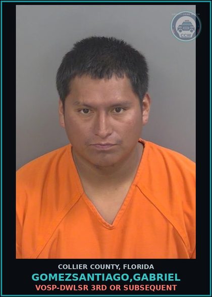 CCW arrest card for GOMEZSANTIAGO,GABRIEL in Collier County: VOSP-DWLSR 3RD OR SUBSEQUENT
