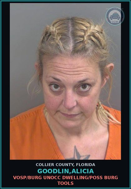 CCW arrest card for GOODLIN,ALICIA in Collier County: VOSP/BURG UNOCC DWELLING/POSS BURG TOOLS