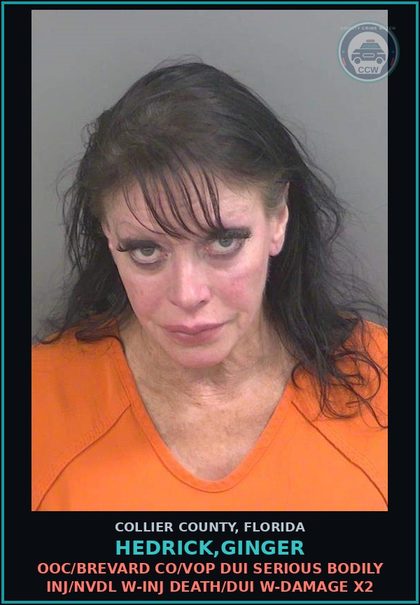 CCW arrest card for HEDRICK,GINGER in Collier County: OOC/BREVARD CO/VOP DUI SERIOUS BODILY INJ/NVDL W-INJ DEATH/DUI W-DAMAGE X2