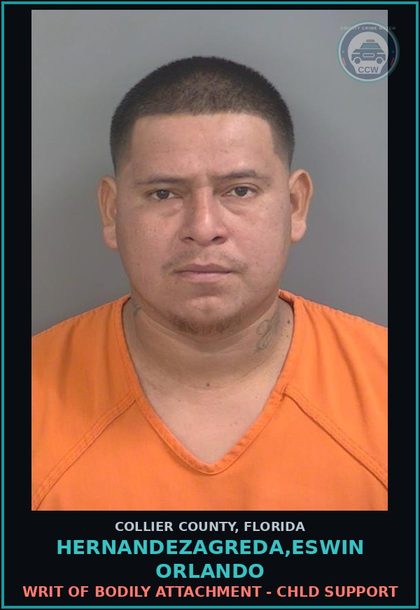 CCW arrest card for HERNANDEZAGREDA,ESWIN ORLANDO in Collier County: WRIT OF BODILY ATTACHMENT - chld SUPPORT