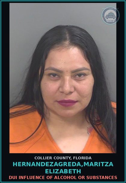 CCW arrest card for HERNANDEZAGREDA,MARITZA ELIZABETH in Collier County: DUI INFLUENCE OF ALCOHOL OR DRUGS