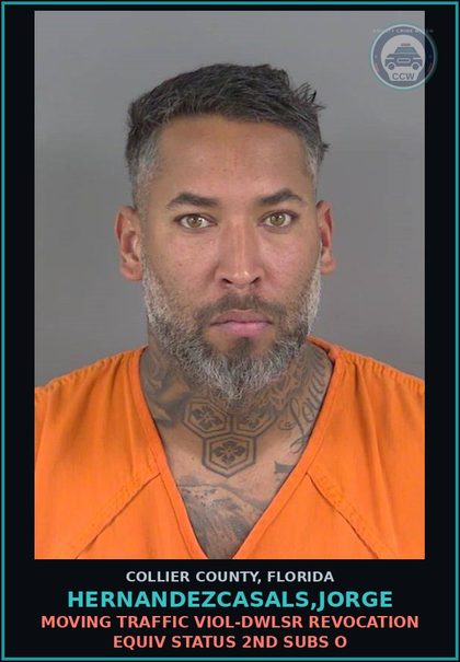 CCW arrest card for HERNANDEZCASALS,JORGE in Collier County: MOVING TRAFFIC VIOL-DWLSR REVOCATION EQUIV STATUS 2ND SUBS O