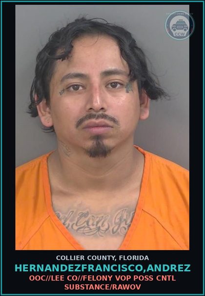 CCW arrest card for HERNANDEZFRANCISCO,ANDREZ in Collier County: OOC//LEE CO//FELONY VOP POSS CNTL SUBSTANCE/RAWOV