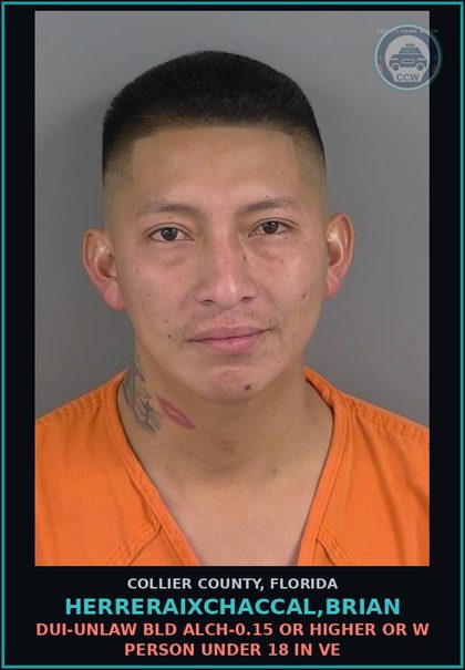 CCW arrest card for HERRERAIXCHACCAL,BRIAN in Collier County: DUI-UNLAW BLD ALCH-0.15 OR HIGHER OR W PERSON UNDER 18 IN VE