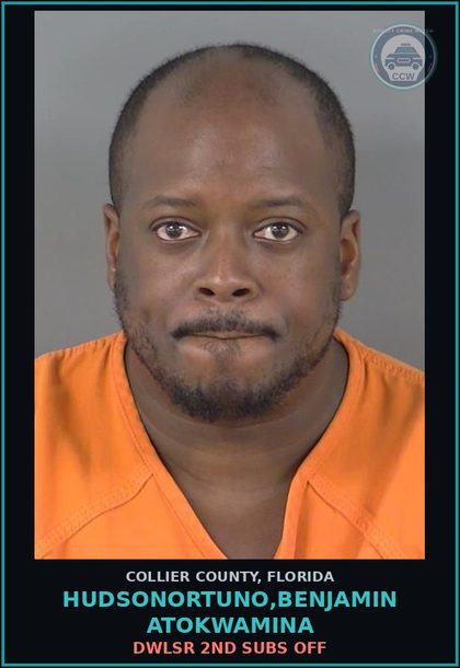 CCW arrest card for HUDSONORTUNO,BENJAMIN ATOKWAMINA in Collier County: DWLSR 2ND SUBS OFF