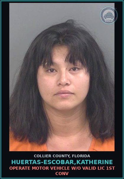 CCW arrest card for HUERTAS-ESCOBAR,KATHERINE in Collier County: OPERATE MOTOR VEHICLE W/O VALID LIC 1ST CONV
