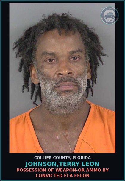 CCW arrest card for JOHNSON,TERRY LEON in Collier County: POSSESSION OF WEAPON-OR AMMO BY CONVICTED FLA FELON