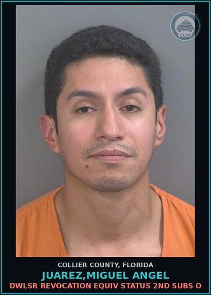 CCW arrest card for JUAREZ,MIGUEL ANGEL in Collier County: DWLSR REVOCATION EQUIV STATUS 2ND SUBS O