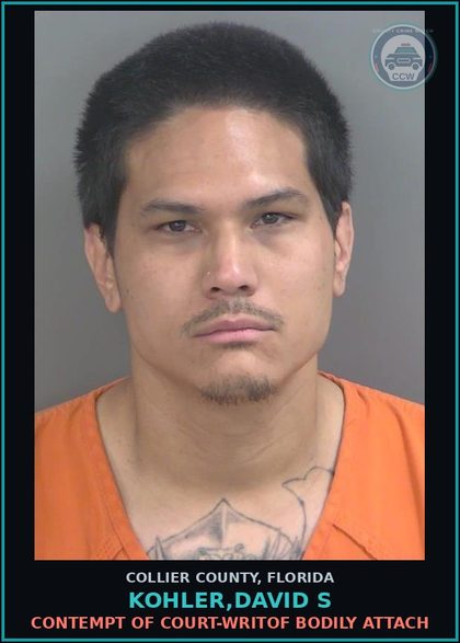 CCW arrest card for KOHLER,DAVID S in Collier County: CONTEMPT OF COURT-WRITOF BODILY ATTACH