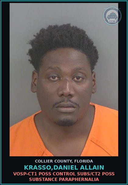 CCW arrest card for KRASSO,DANIEL ALLAIN in Collier County: VOSP-CT1 POSS CONTROL SUBS/CT2 POSS DRUG PARAPHERNALIA
