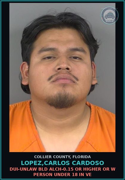 CCW arrest card for LOPEZ,CARLOS CARDOSO in Collier County: DUI-UNLAW BLD ALCH-0.15 OR HIGHER OR W PERSON UNDER 18 IN VE