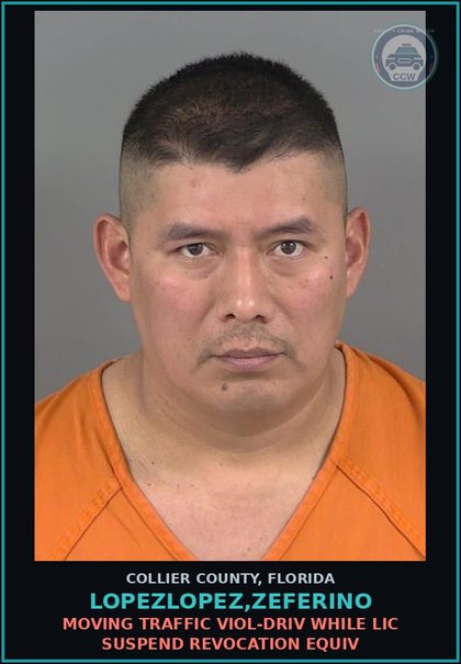 CCW arrest card for LOPEZLOPEZ,ZEFERINO in Collier County: MOVING TRAFFIC VIOL-DRIV WHILE LIC SUSPEND REVOCATION EQUIV