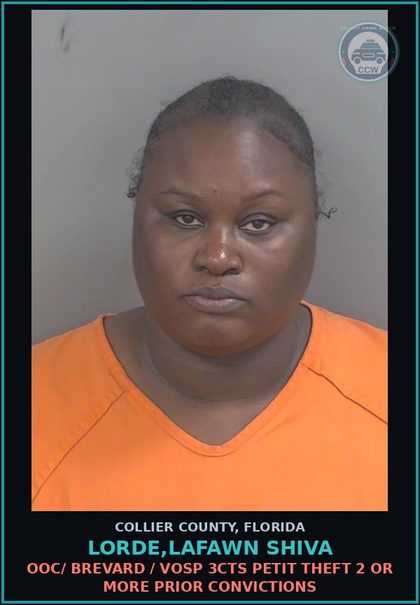 CCW arrest card for LORDE,LAFAWN SHIVA in Collier County: OOC/ BREVARD / VOSP 3CTS PETIT THEFT 2 OR MORE PRIOR CONVICTIONS