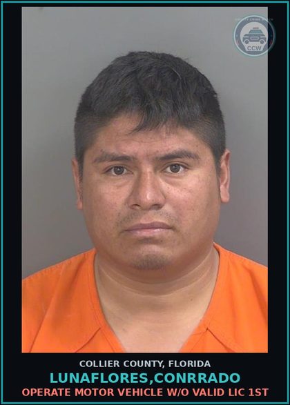 CCW arrest card for LUNAFLORES,CONRRADO in Collier County: OPERATE MOTOR VEHICLE W/O VALID LIC 1ST