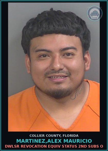 CCW arrest card for MARTINEZ,ALEX MAURICIO in Collier County: DWLSR REVOCATION EQUIV STATUS 2ND SUBS O