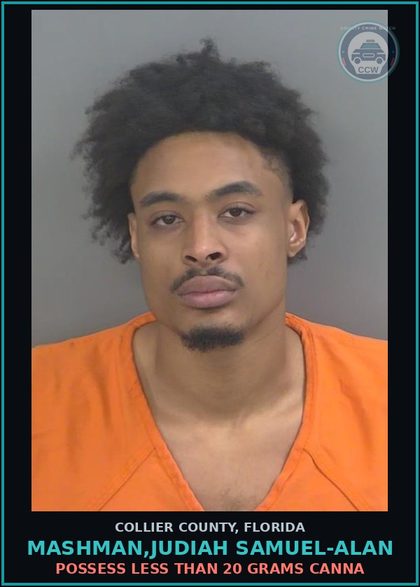 CCW arrest card for MASHMAN,JUDIAH SAMUEL-ALAN in Collier County: POSSESS LESS THAN 20 GRAMS Canna