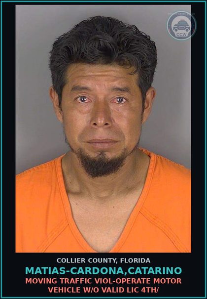 CCW arrest card for MATIAS-CARDONA,CATARINO in Collier County: MOVING TRAFFIC VIOL-OPERATE MOTOR VEHICLE W/O VALID LIC 4TH/