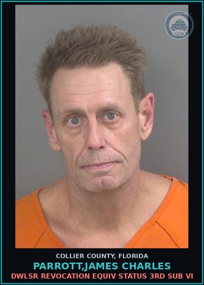 CCW arrest card for PARROTT,JAMES CHARLES in Collier County: DWLSR REVOCATION EQUIV STATUS 3RD SUB VI
