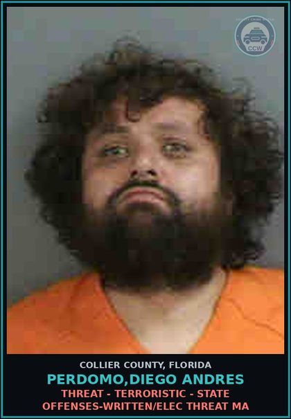 CCW arrest card for PERDOMO,DIEGO ANDRES in Collier County: THREAT - TERRORISTIC - STATE OFFENSES-WRITTEN/ELEC THREAT MA
